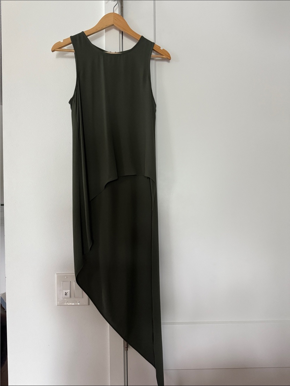 BEBE Sleeveless Asymmetric Dressy Top in Dark Olive